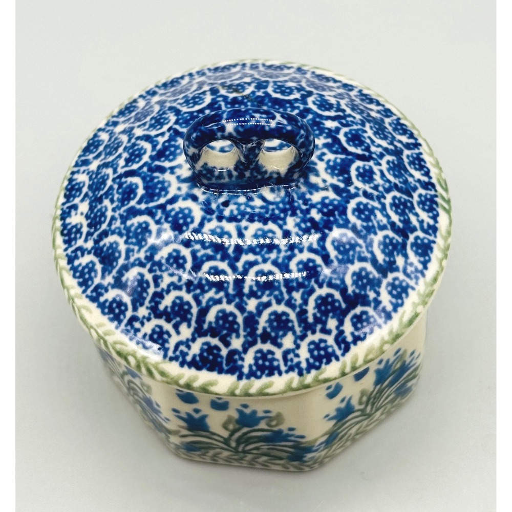 Polish Pottery Mini Pretzel Trinket Box Blue Tulips Octagon Ceramika Artystyczna - Picture 2 of 11
